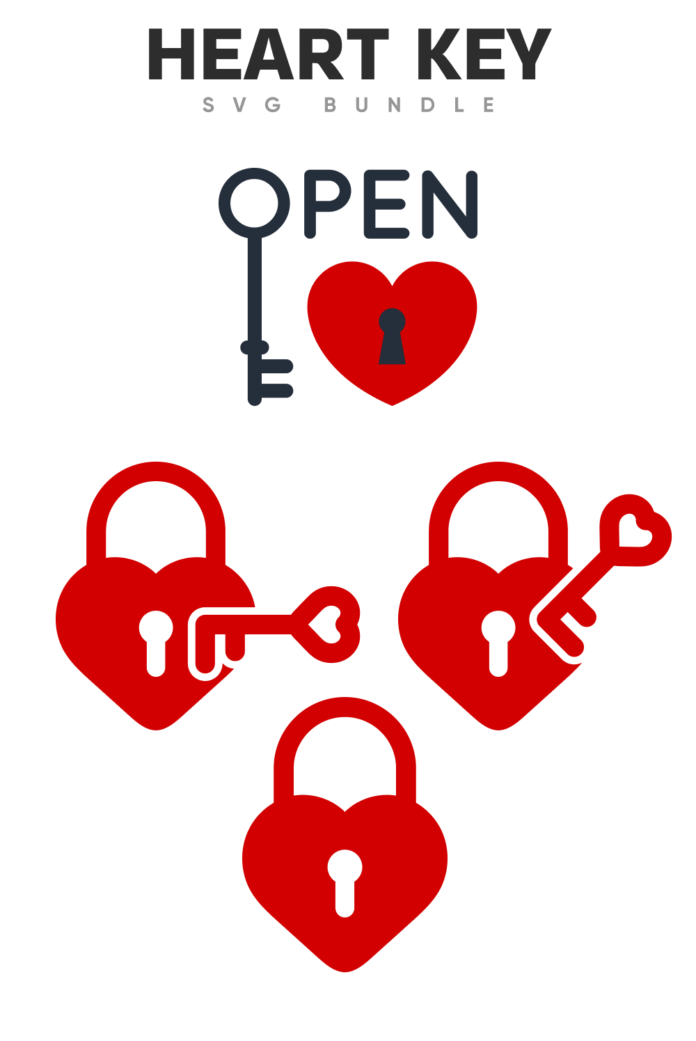 Three red and one black logos with red and black keys with red heart locks.