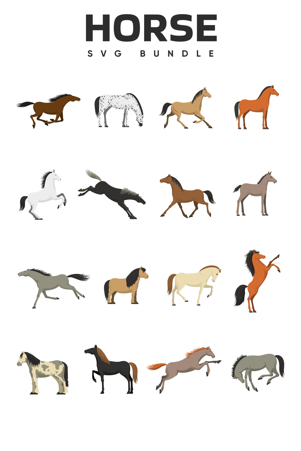 Sixteen images of different horses in different positions with a large caption at the top.