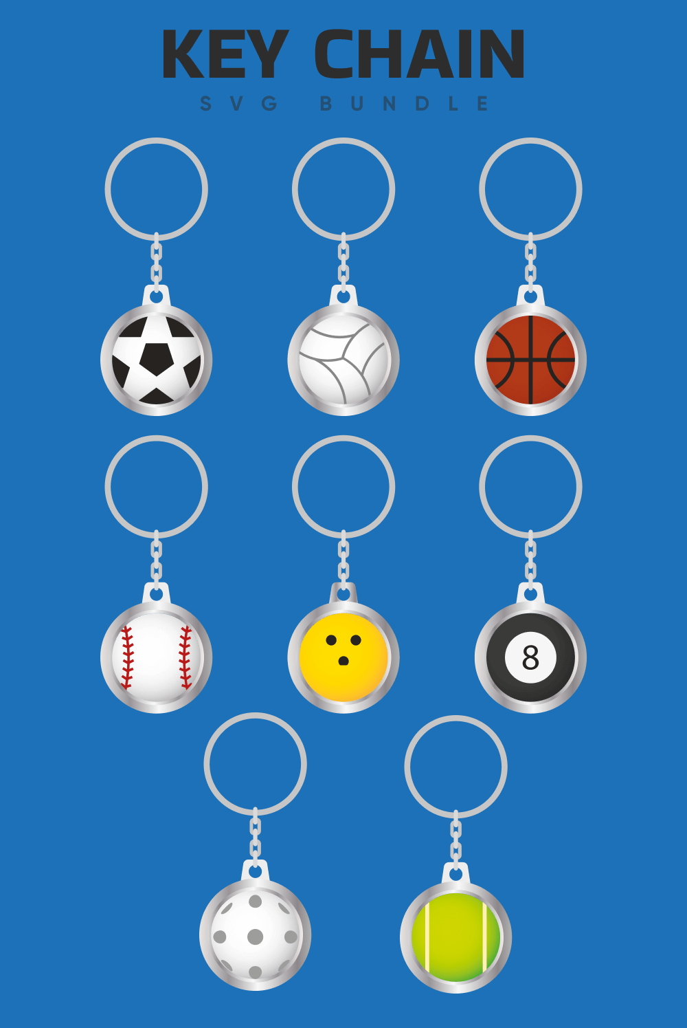 8 key chains with ball designs: football, volleyball, basketball, baseball, bowling, pool, tennis.