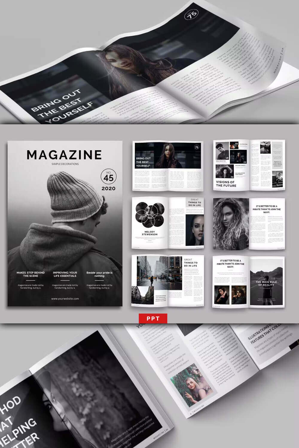 Gray and white PowerPoint magazine layout template: front page and six inside pages.