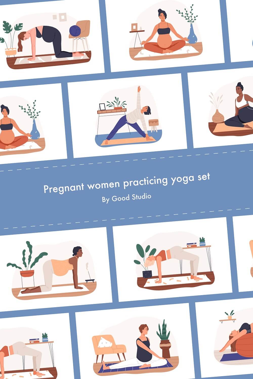 Diagonal image with pregnant women actively practicing yoga.