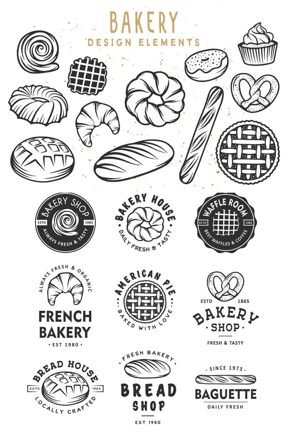 A large set of bakery elements in the form of buns, croissants, pies, cakes, donuts and baguettes for Pinterest.