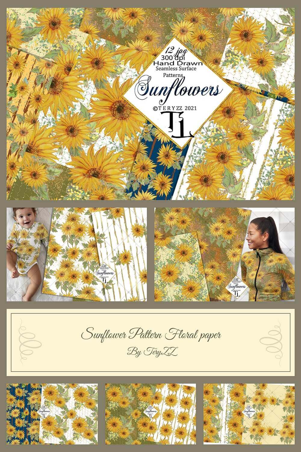 Six seamless patterns with sunflowers in different sizes.
