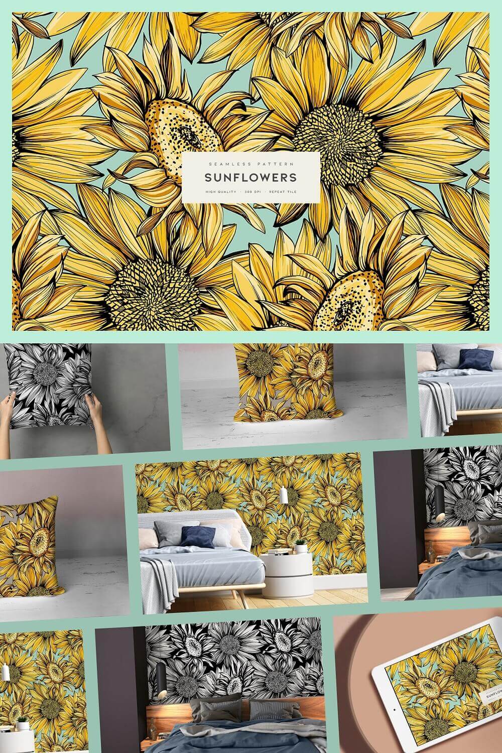 Images of sunflowers on household items.