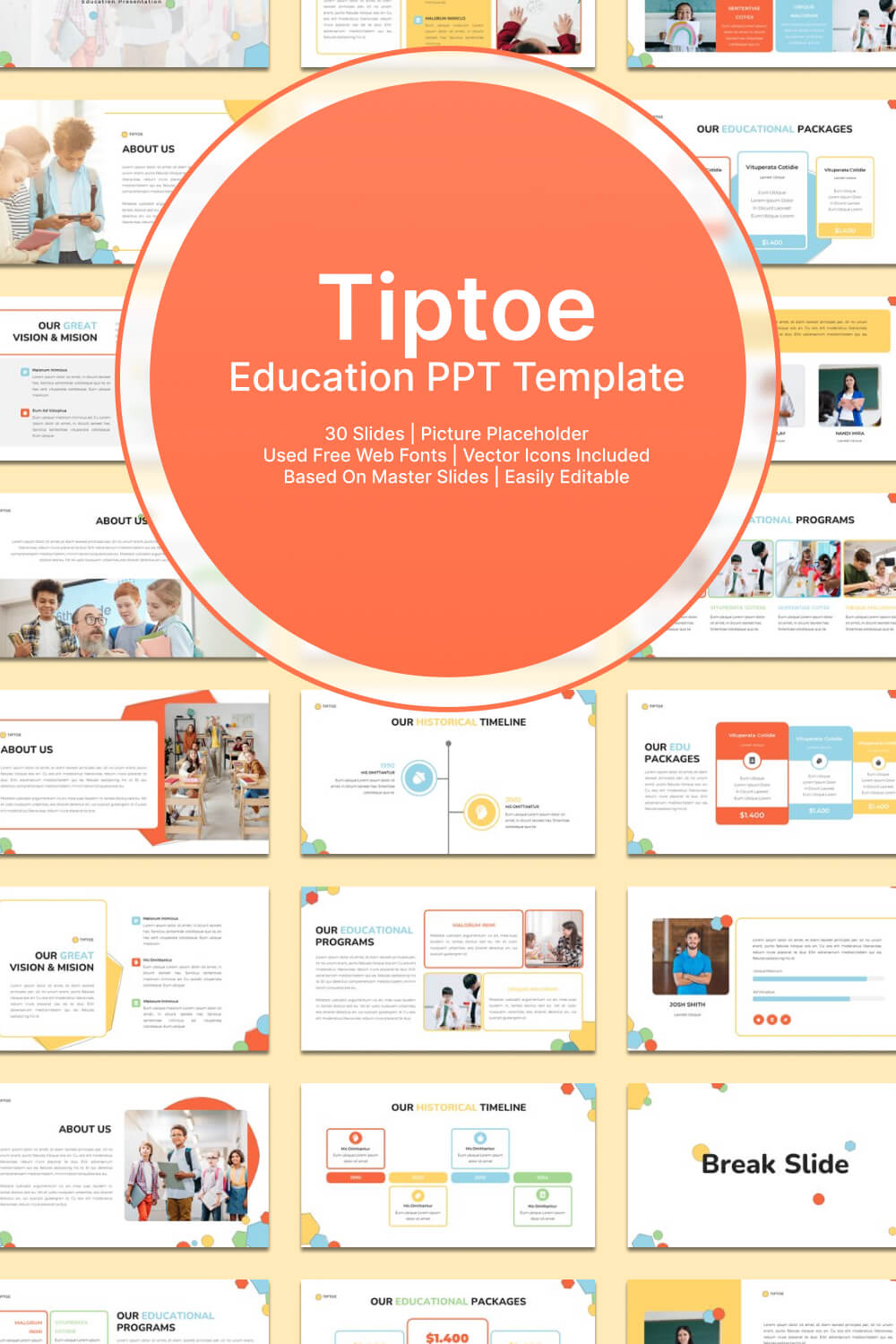 Lots of slides with educational templates and carrot circle title "Tiptoe, Education PPT Template".