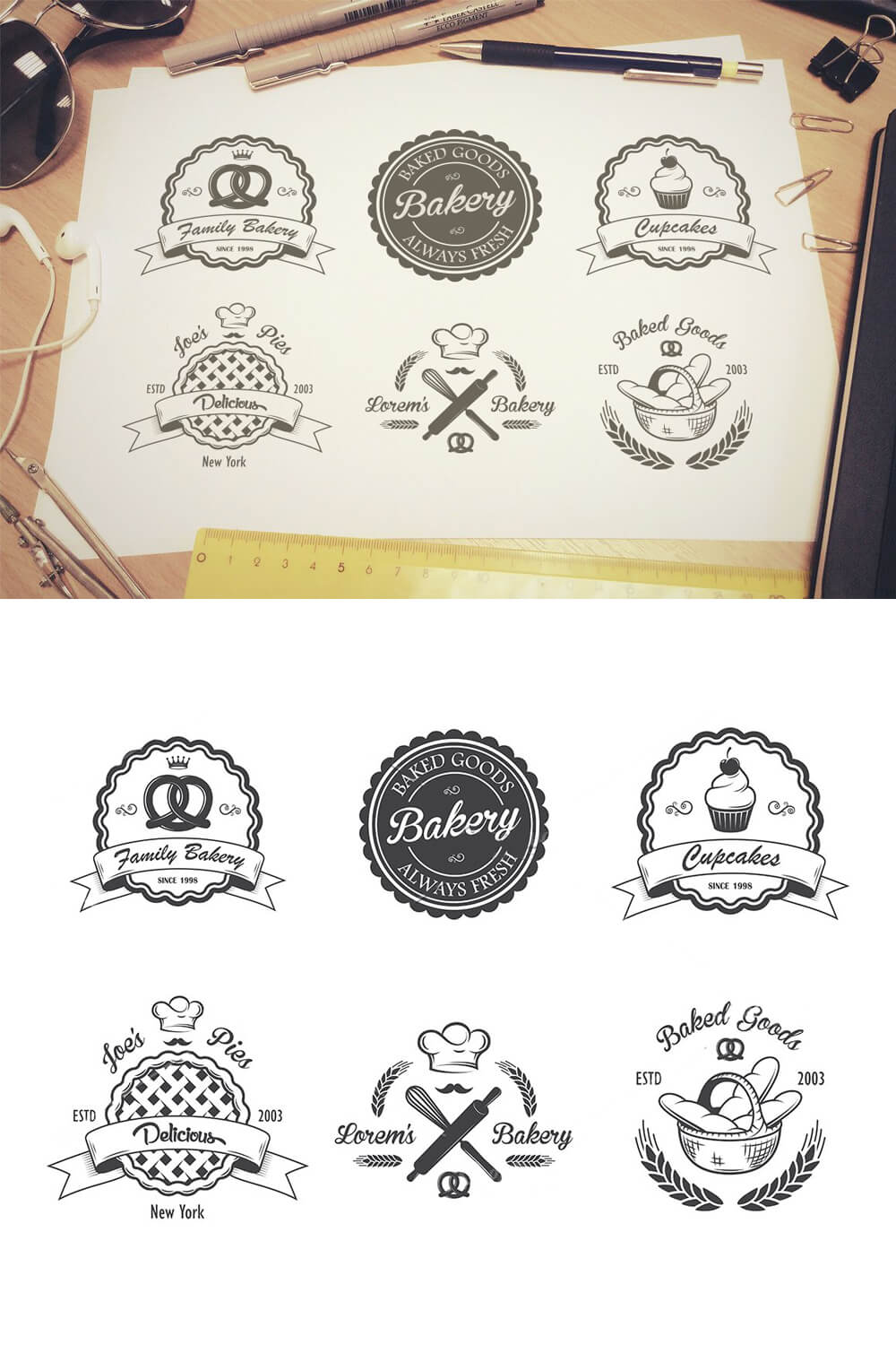 Six bakery vintage emblem logos on a white sheet.