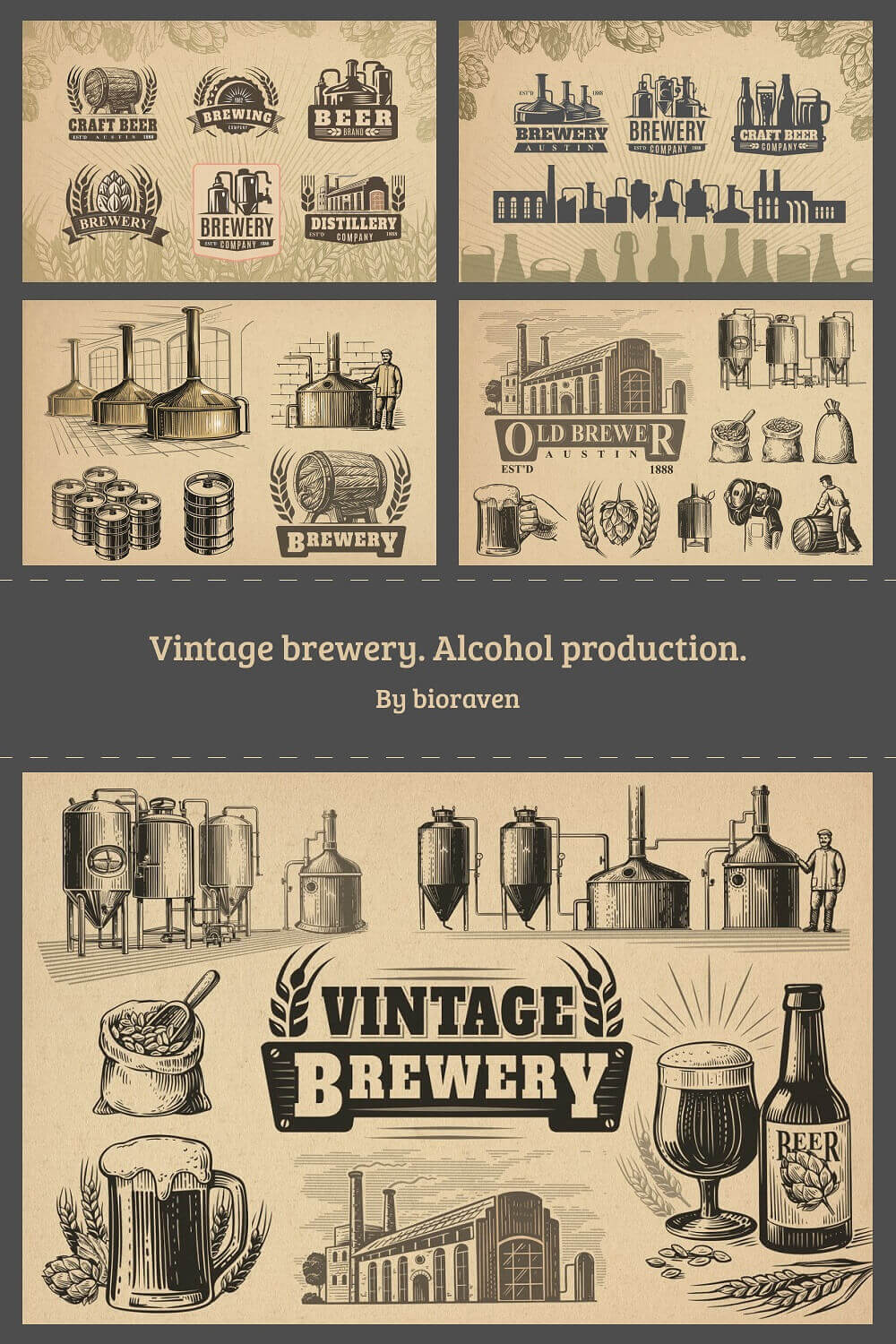 Image of breweries and glasses of beer in vintage style.