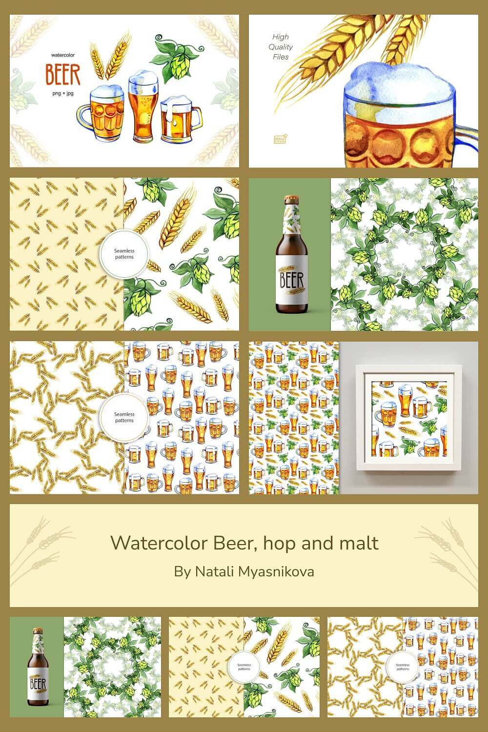 Patterns with a color image of wheat, hops and glasses of beer.