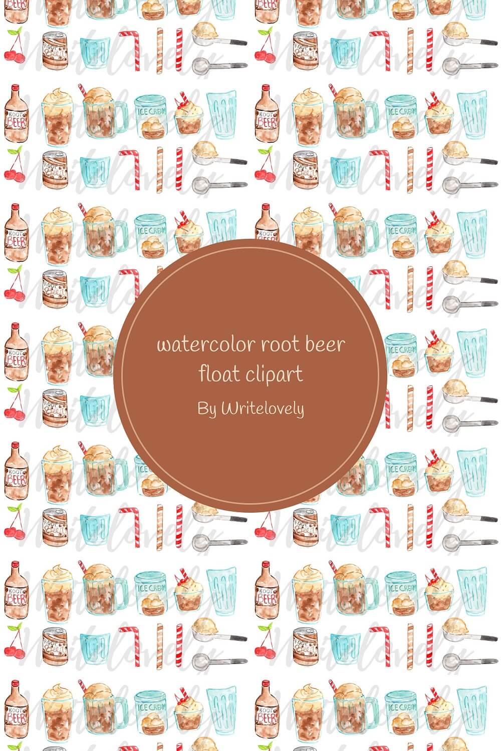 An image of a repeating pattern of ice cream cups, cherries, colored tubes and root beer.