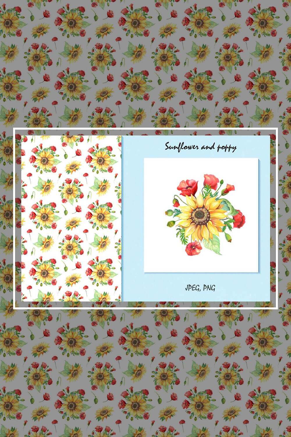 Blue postcard with a seamless pattern with sunflowers and poppies in watercolor in a white frame.
