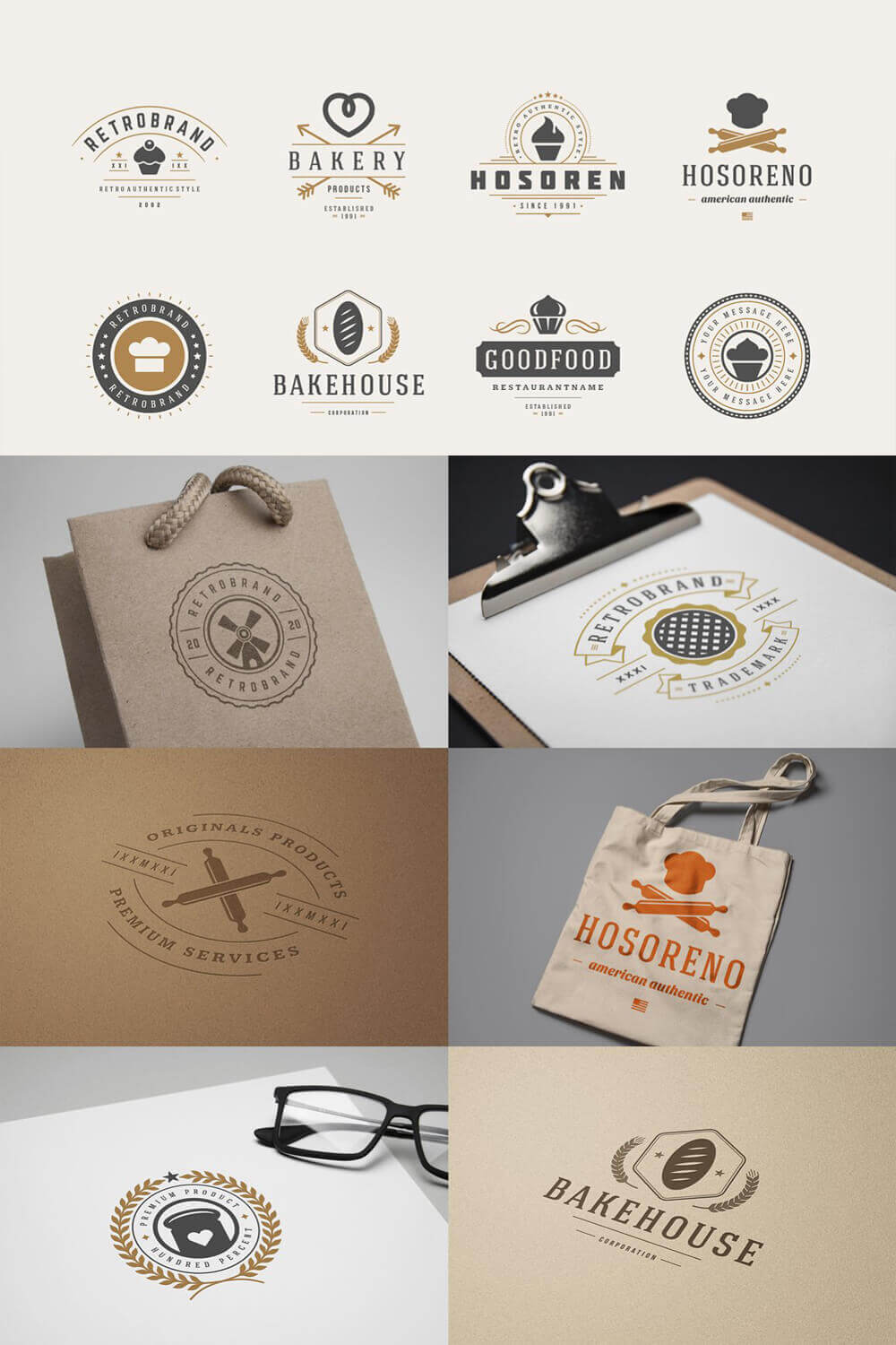Eight vintage logos with bakery emblems on a white background, applying the logo on different papers and bags.