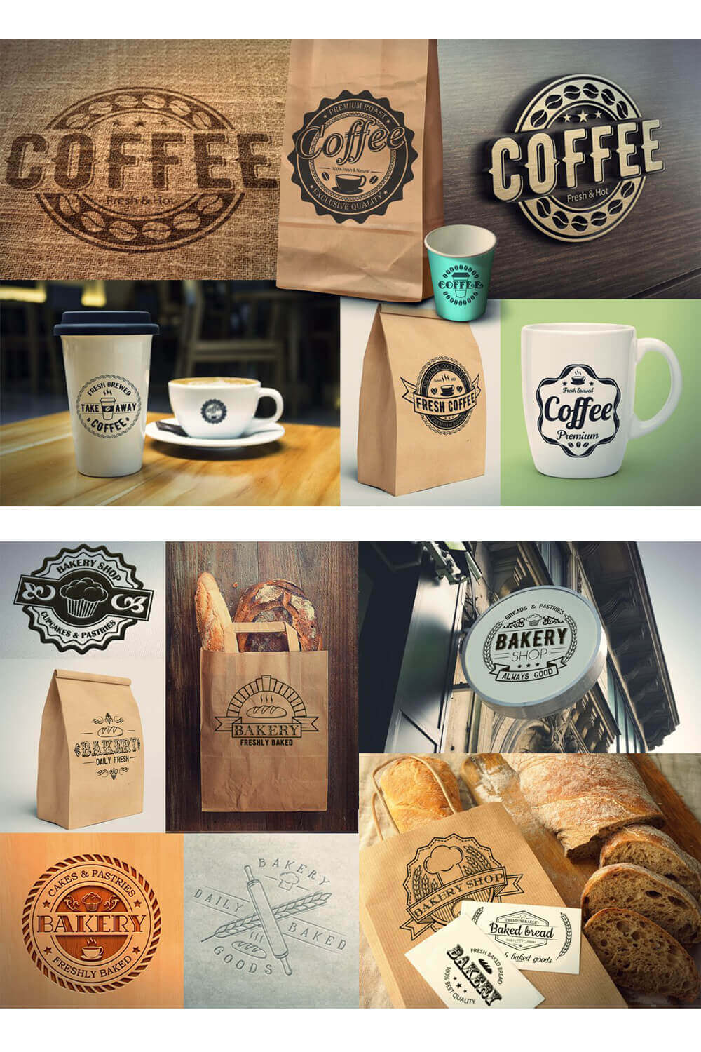 Three coffee logos, many variations of the bakery logo on different objects and signs.