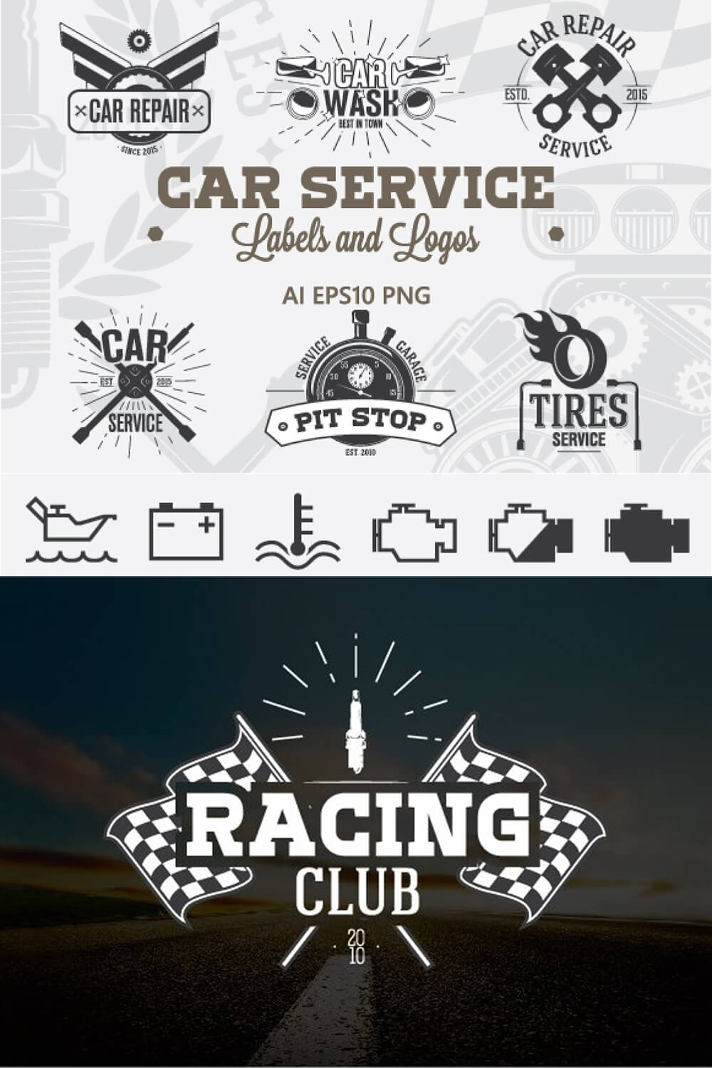 Large "Racing Club" logo on a dark background and 12 small car service labels on a gray background.
