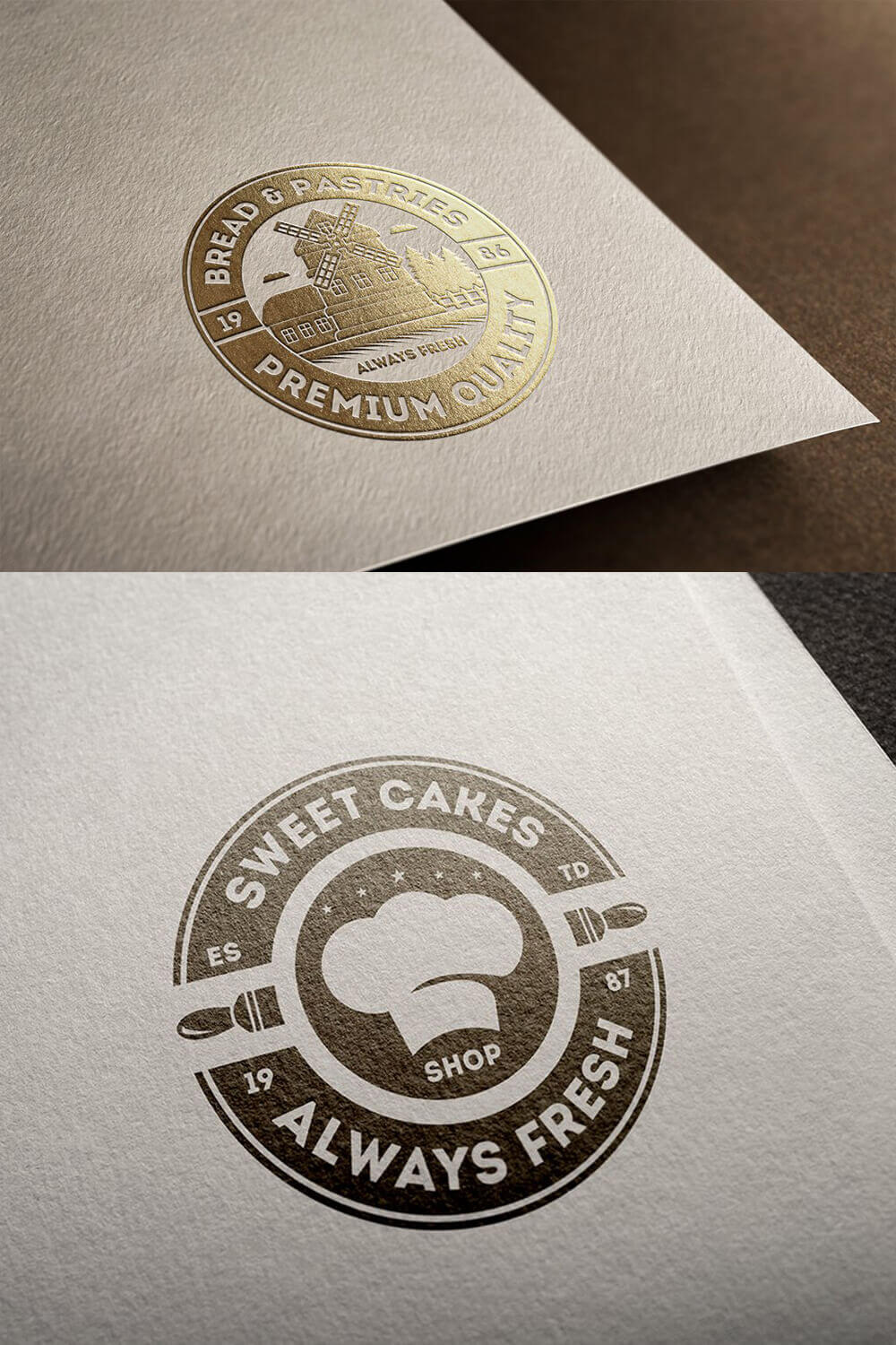 Gold "Bread & Pastries" logo on brown paper, brown "Sweet Cakes" logo on white paper.