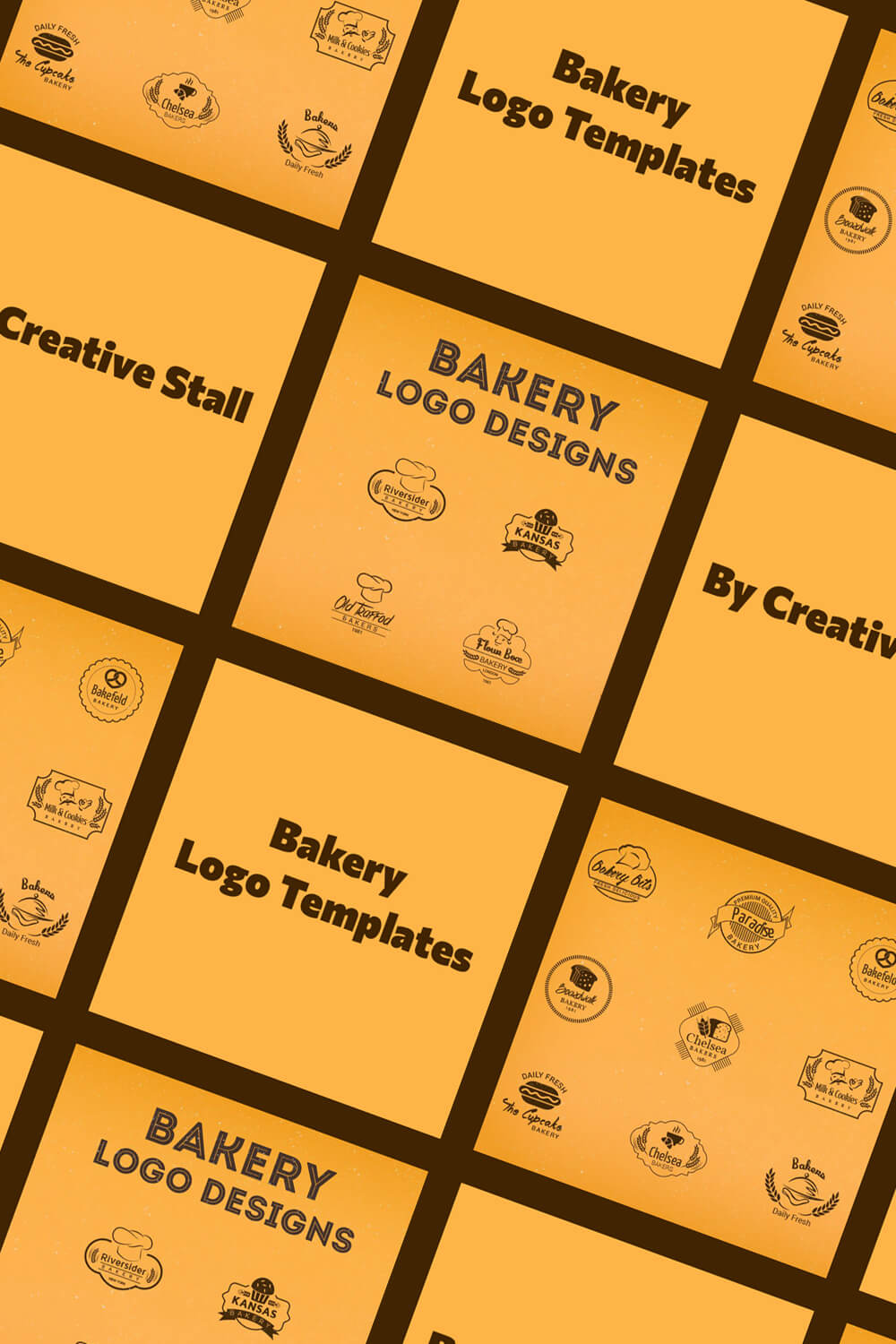 Many yellow squares with bakery logos on a brown background at a 45 degree angle.