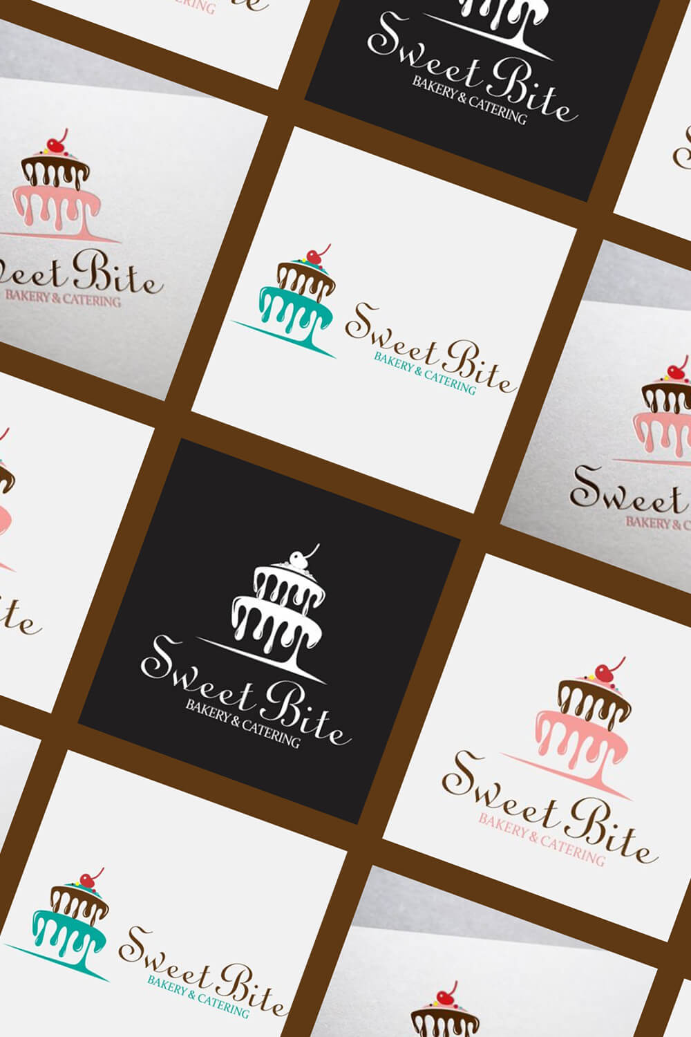 Light and dark "Sweet Bite" logos in square brown frames staggered at an angle.