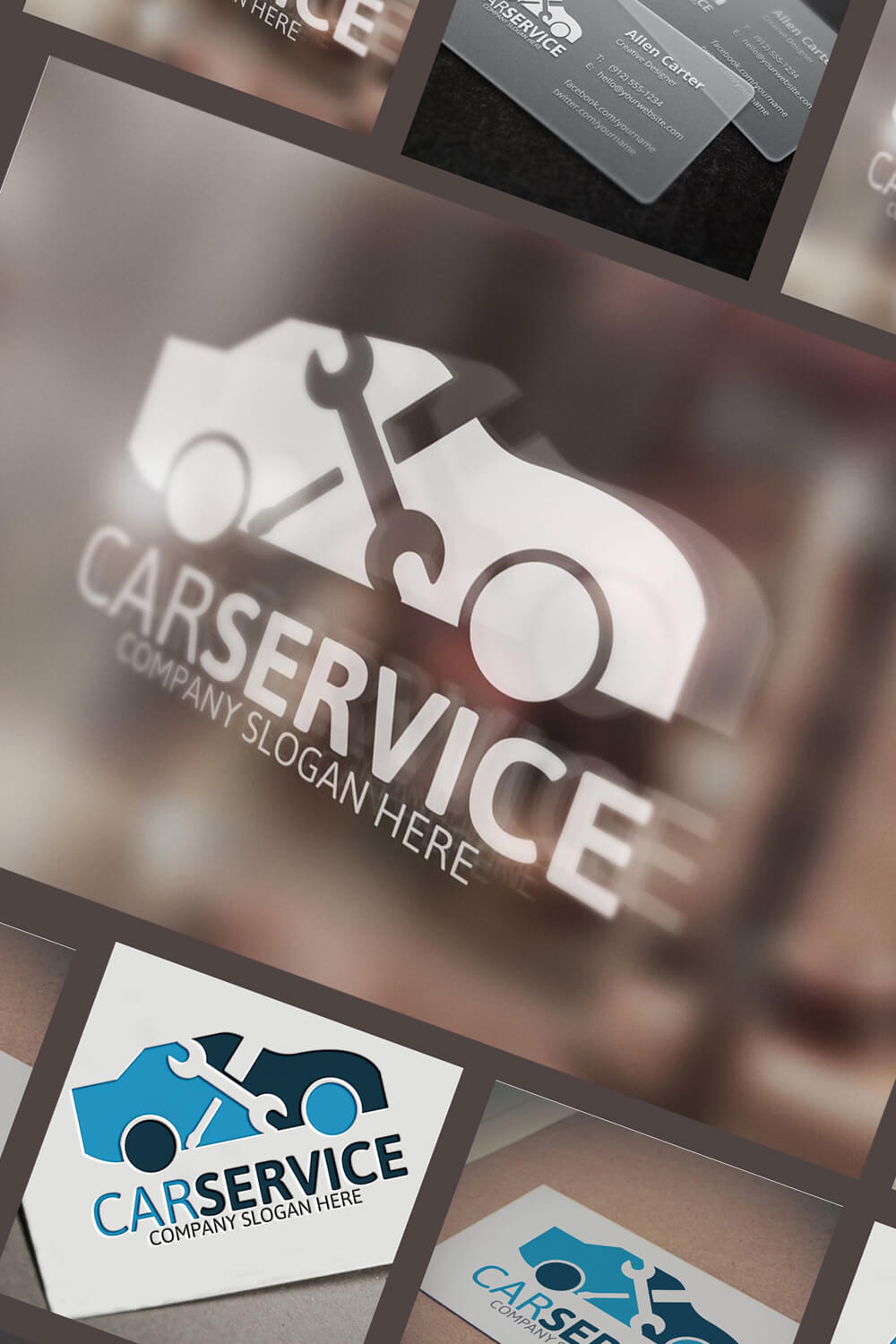 Diagonal image with a white car service logo on a blurred background.