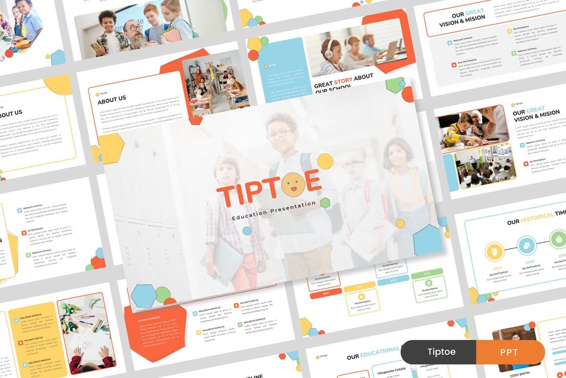 Slides with educational templates "Tiptoe Education Presentation" at an angle.