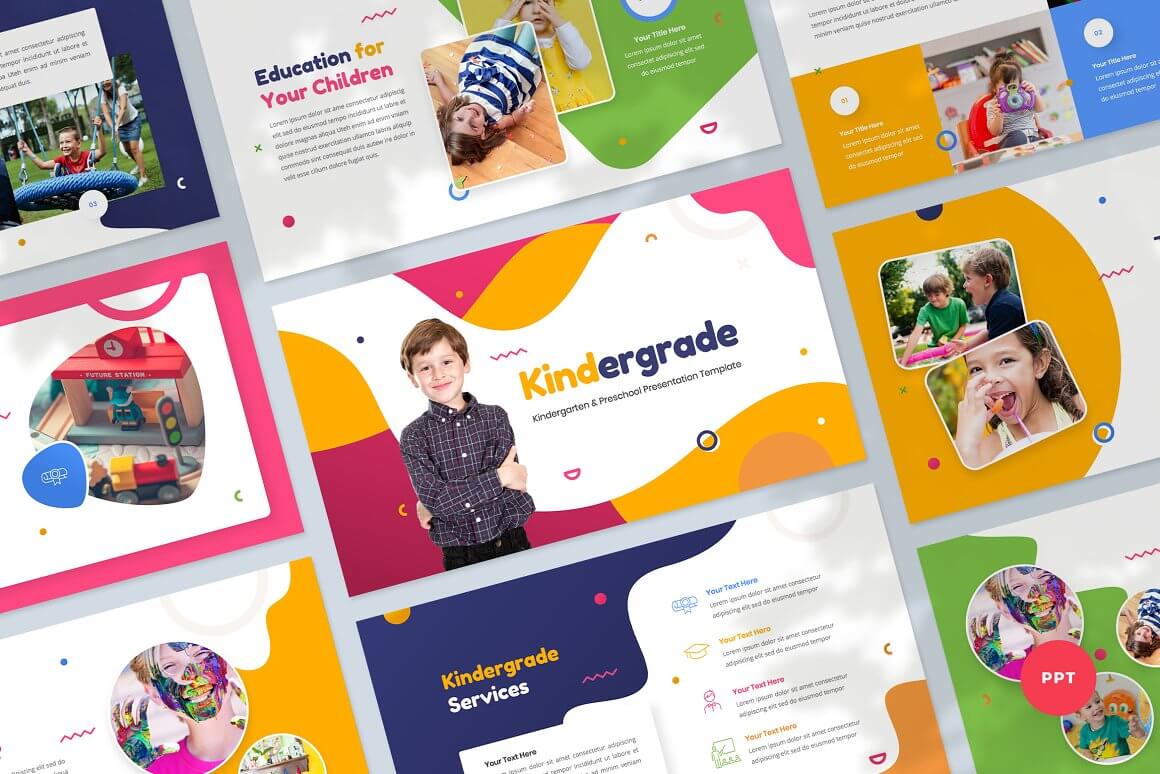 Slides with kindergarten templates in Powerpoint diagonally.