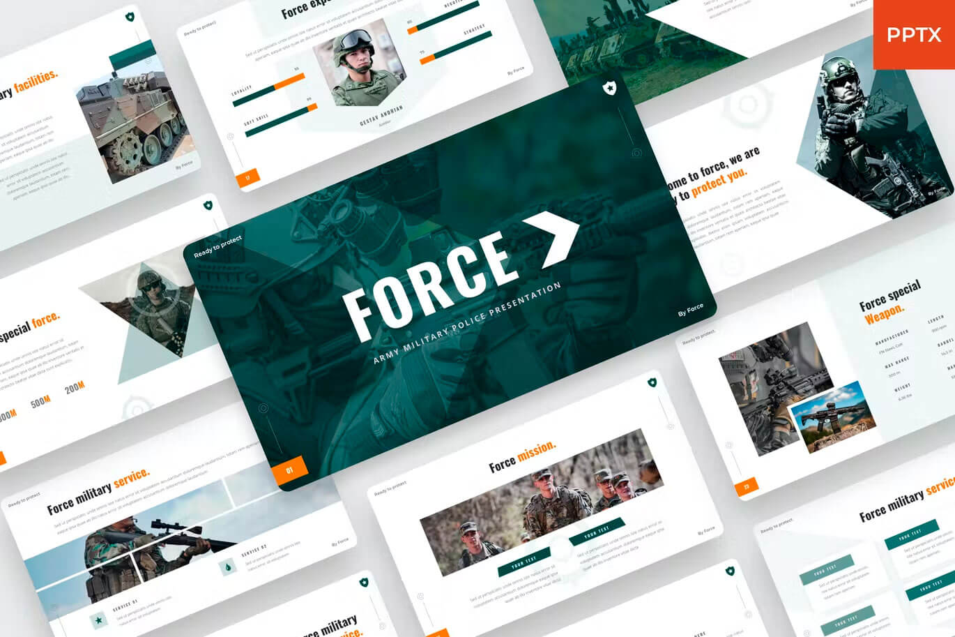 Diagonal dark green "Force" slide with military police theme powerpoint templates.