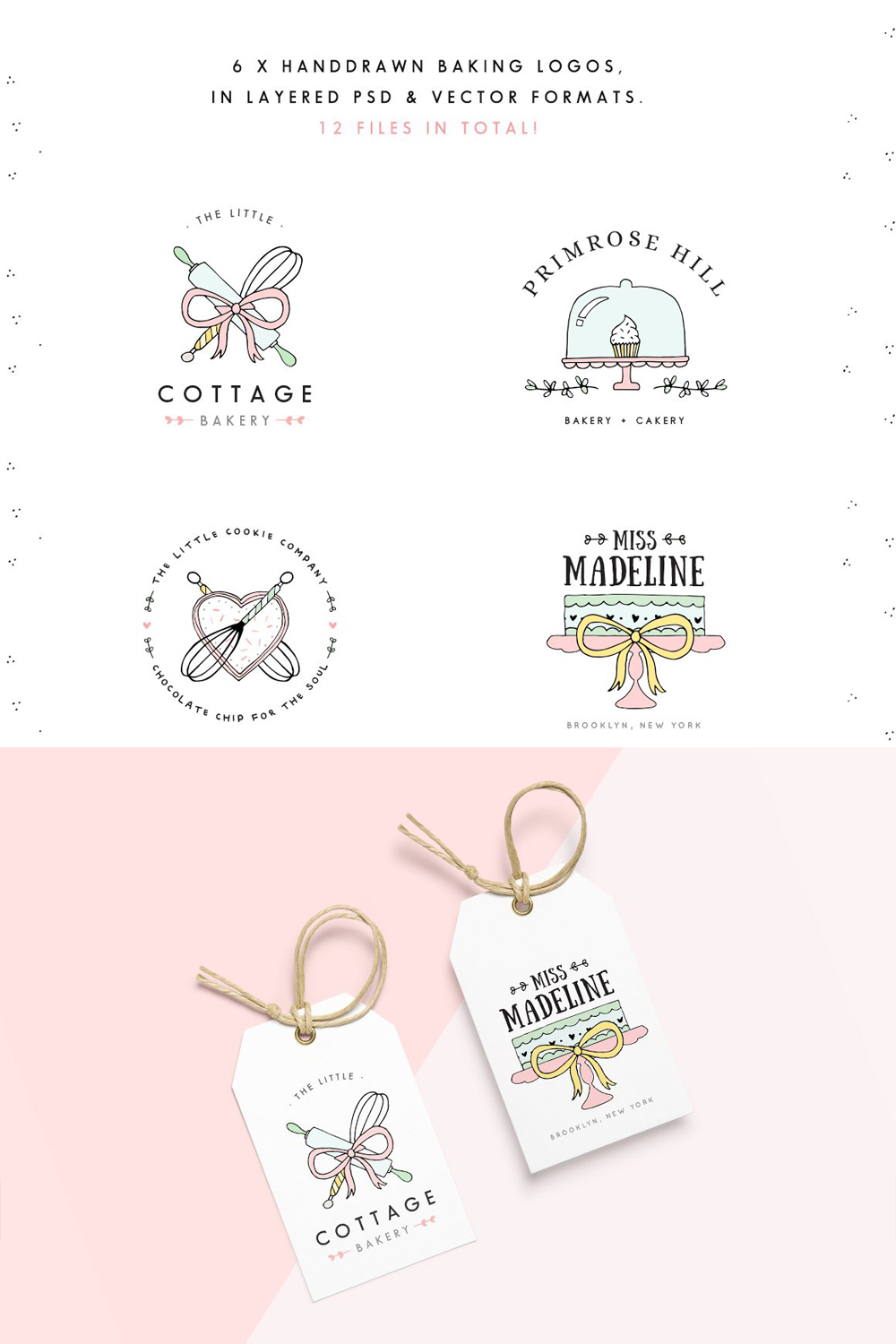 6 X Handdrawn baking logos, in layered PSD & Vector Formats, 12 files in total.