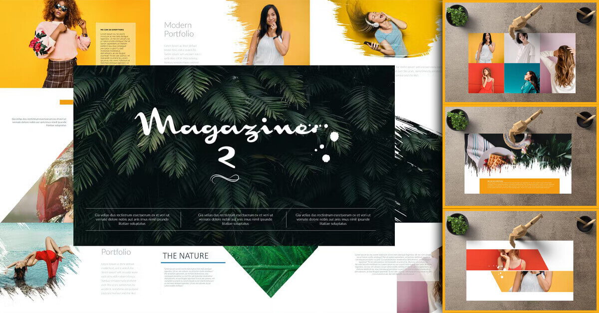 A huge PowerPoint template for Magazine 2 with a fern in the background and three photos with a template leaf and wooden figurines on a gray table.