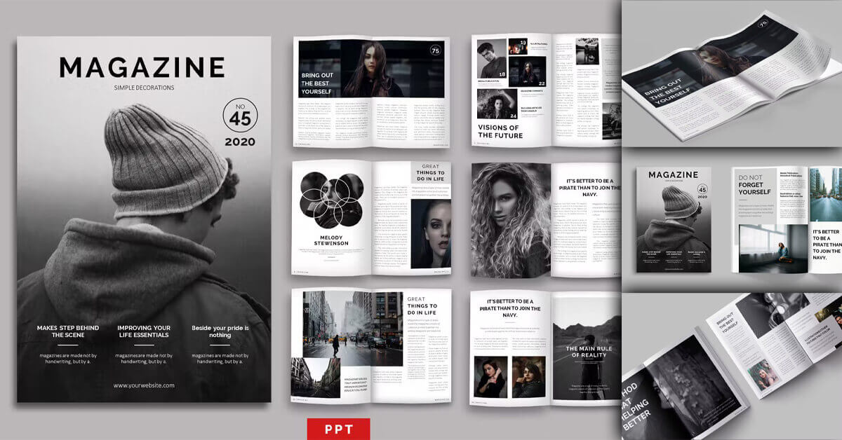 Ten gray and white magazine interior page layout templates in PowerPoint.