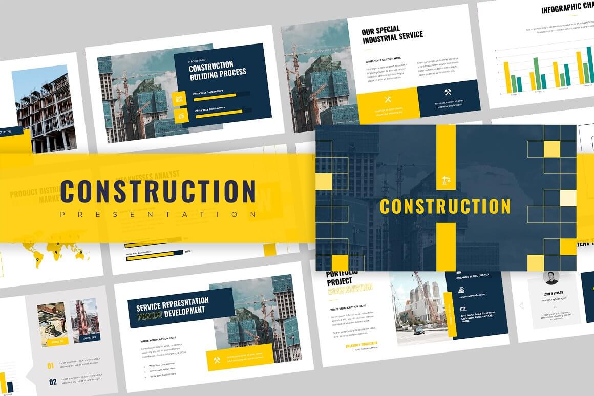 Construction Powerpoint templates in blue-white-yellow colors on a gray background.