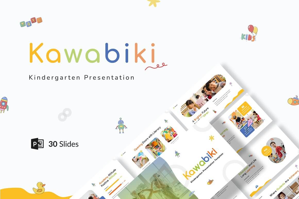 Kindergarten Powerpoint Presentation titled "Kawabiki, Kindergarten Presentation", 30 Slides.