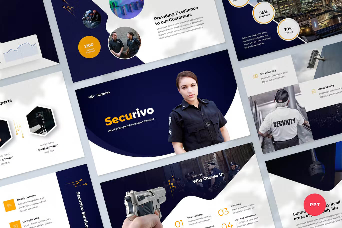 A picture with many Powerpoint templates at a slight angle "Securivo".