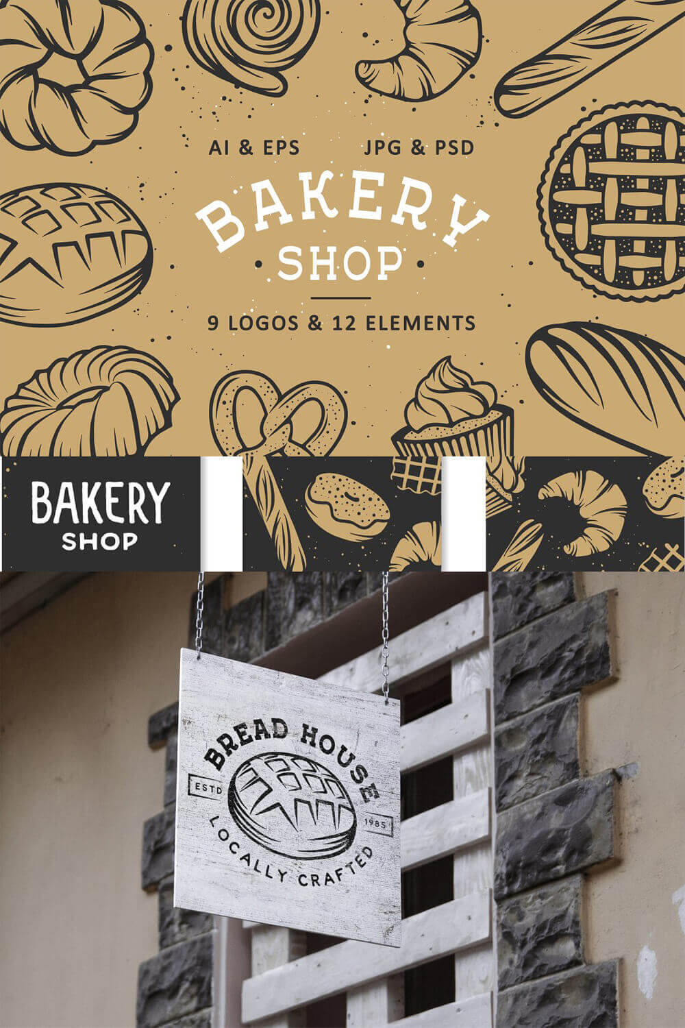 Top logo and elements of the bakery on a yellowish background, black and white sign - white plywood on chains at the entrance.