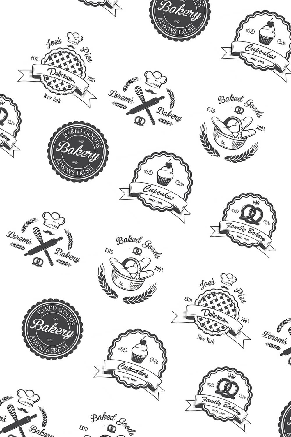 Many black logos of vintage bakery emblems on a white background at an angle.