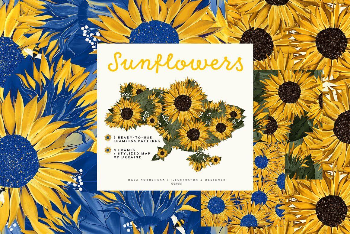 9 ready-to-use samless patterns of sunflowers.