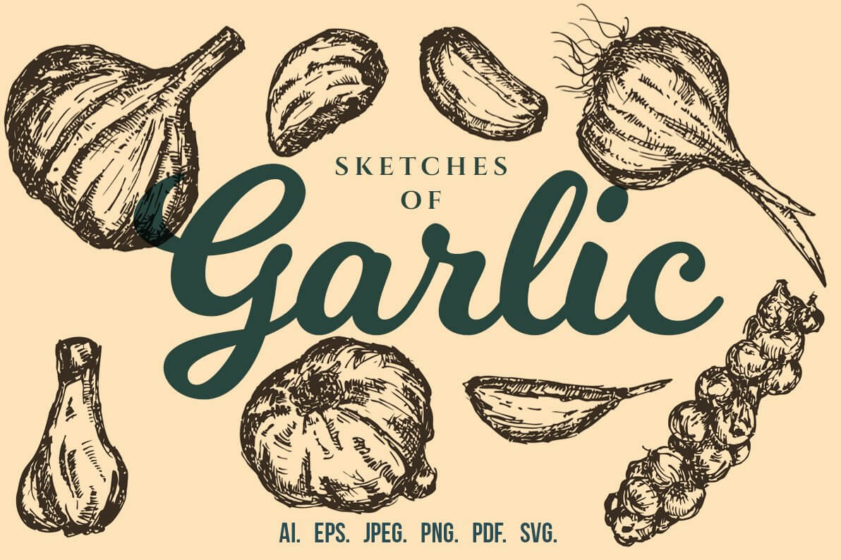 Thumbnails of a bunch of onions, garlic and cloves of garlic on a beige background.