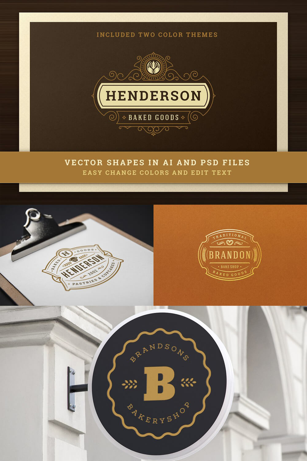 Images with logo "Included two color themes, Henderson, Baked goods".