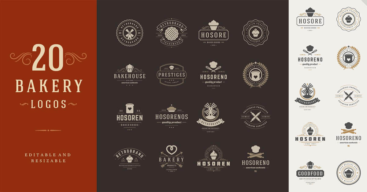 16 vintage bakery logos on brown background, 10 grey/gold logos on white.
