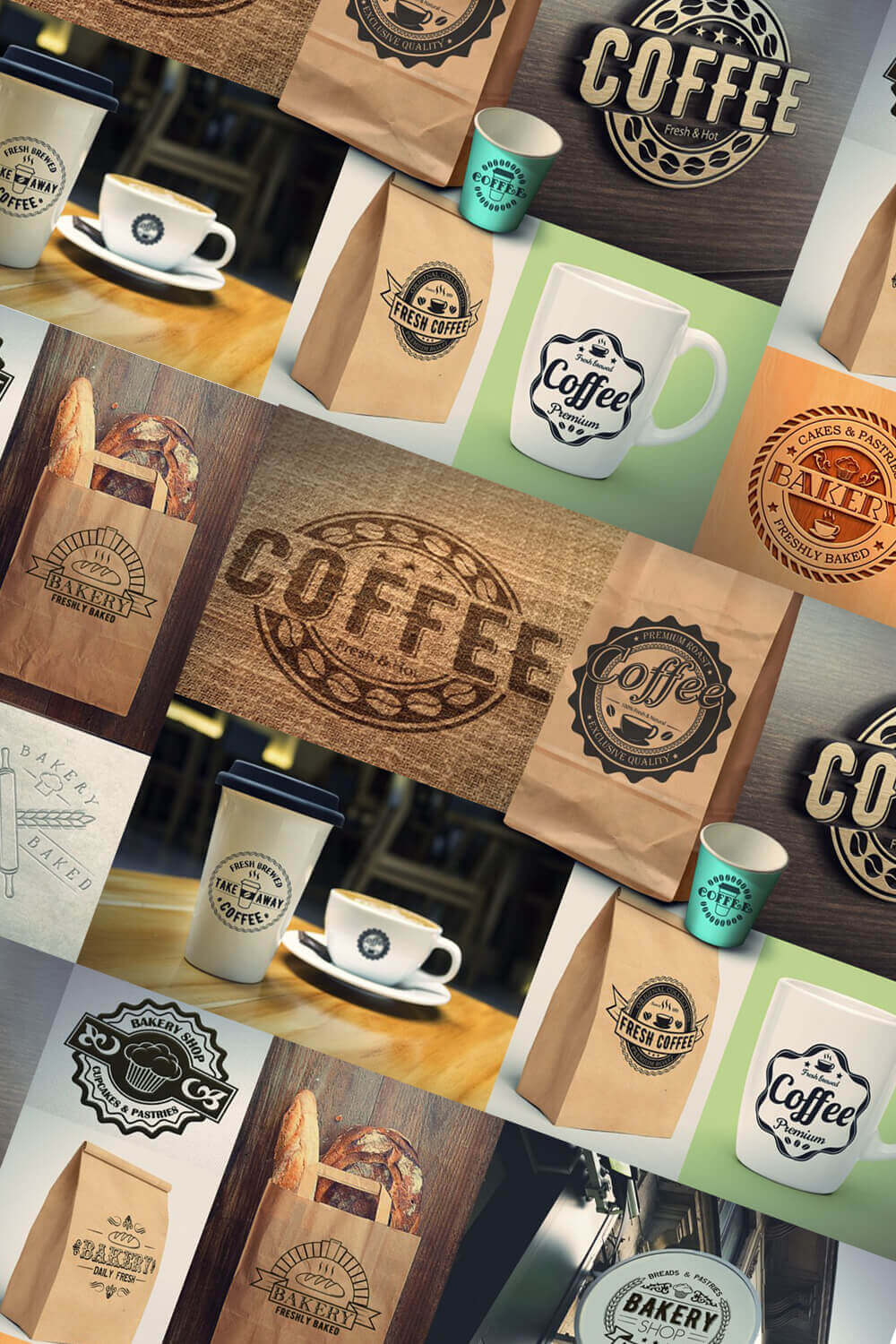 Lots of tiled coffee, bakery logos on different objects and signboards at an angle.