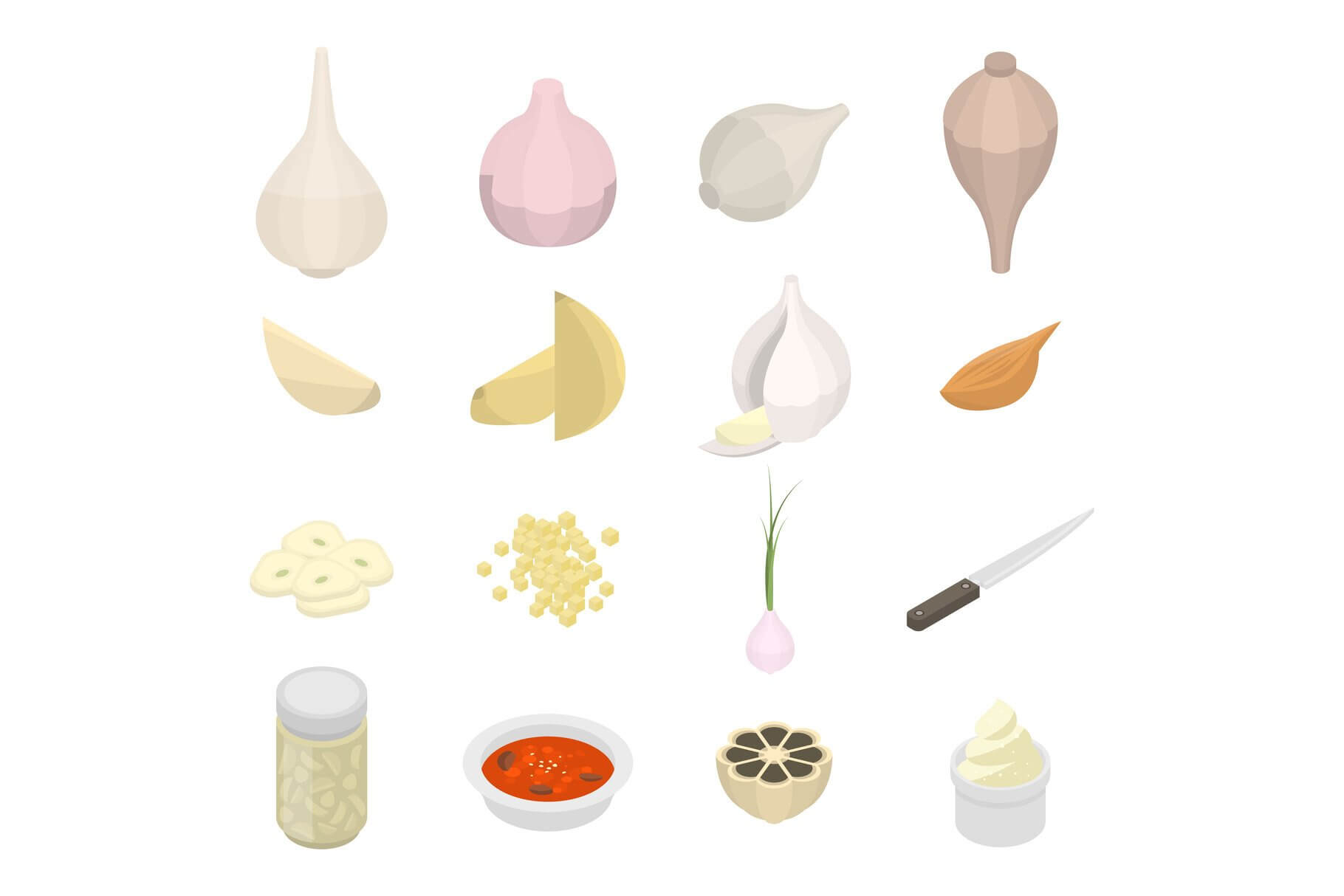 Isometric drawings of borscht, desserts and other dishes.