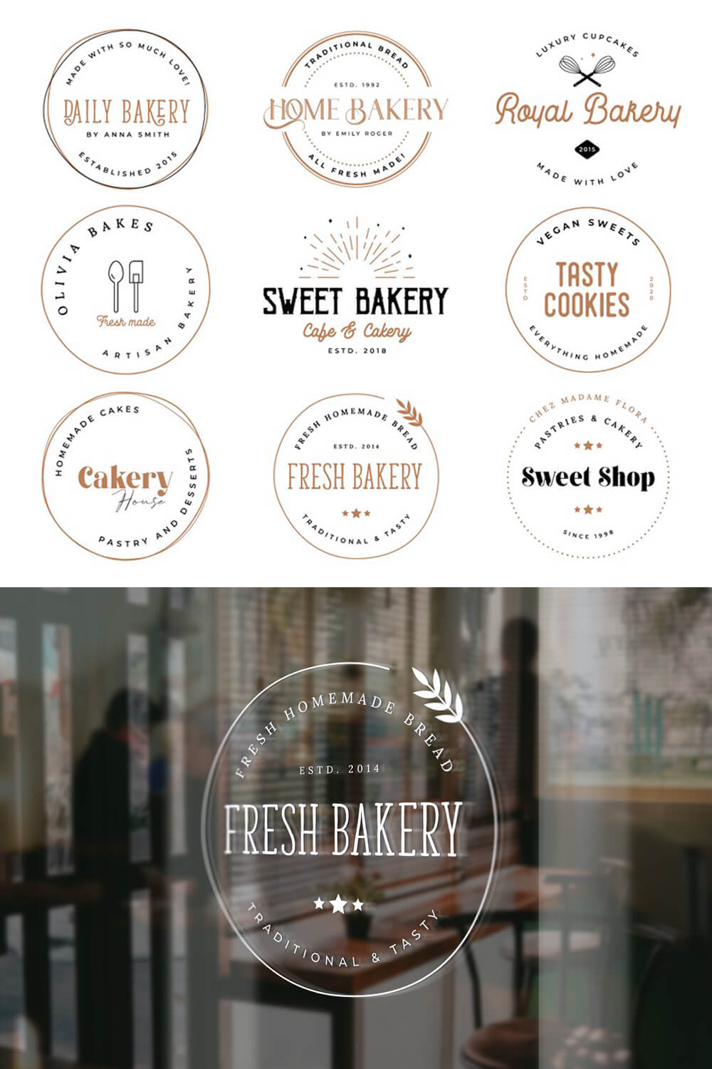 Nine bakery logos on a white background and a large bakery logo on a blurry background.
