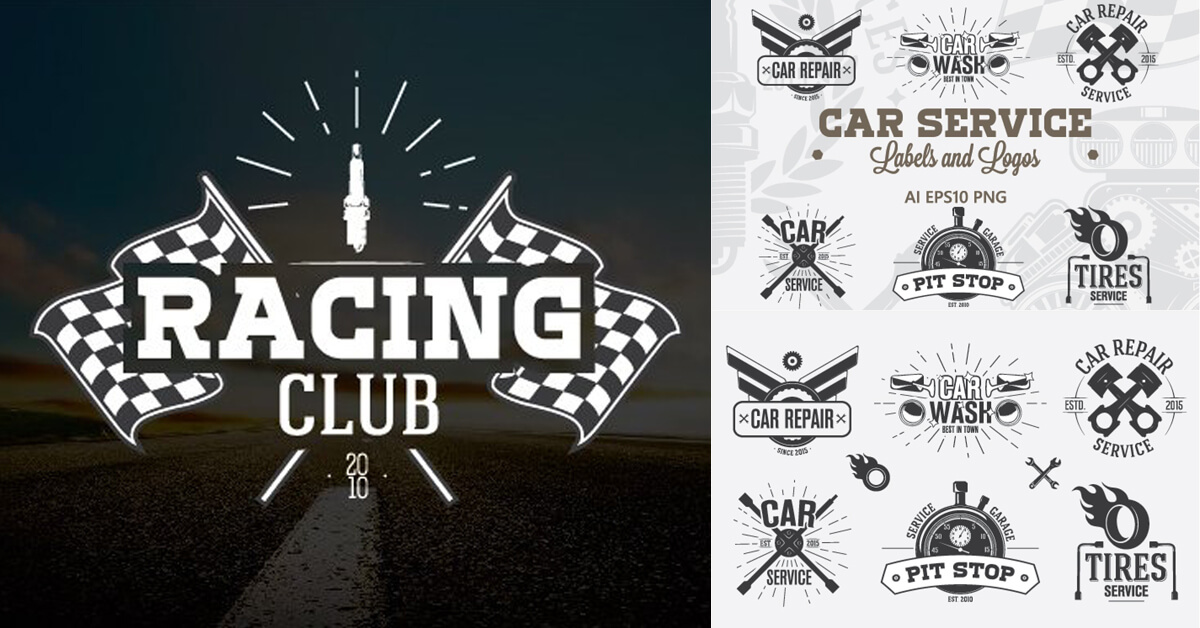 Large dark "Racing Club" logo, 12 small car service labels in gray print.