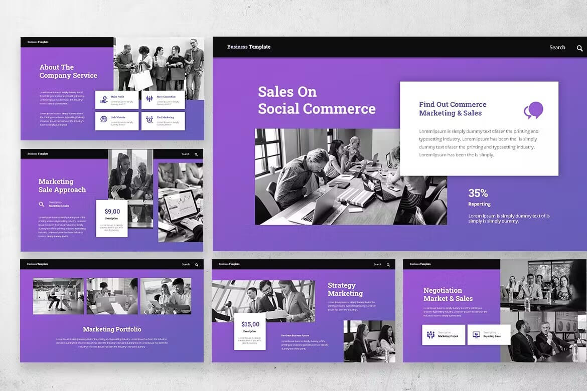 Inscription "Find out commerce marketing and sales" on the violet background.