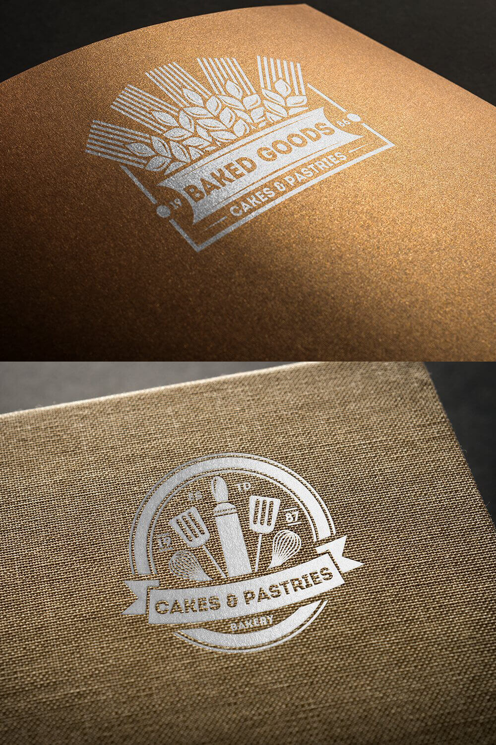 Silver "Baked Goods" logo on brown paper, "Cakes & Pastries" logo on brown burlap.