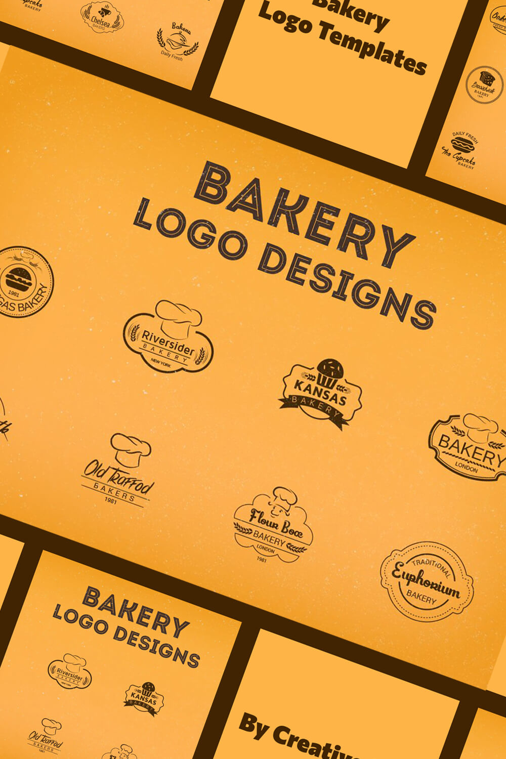 Yellow diagonal bakery logo on a brown background.