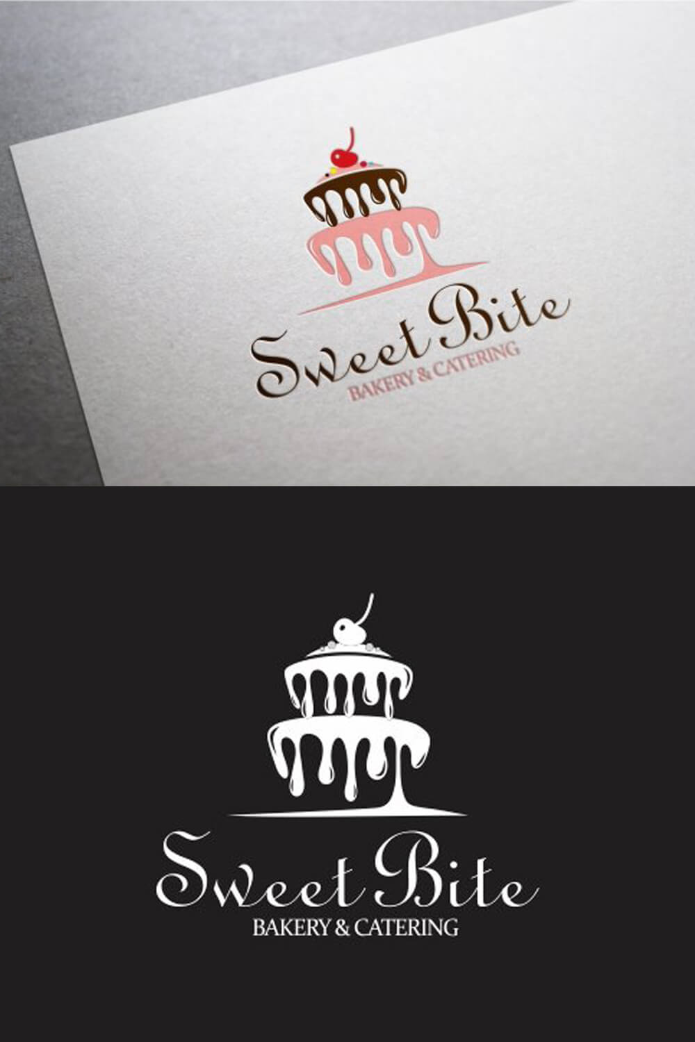 Two "Sweet Bite" logos, one on white paper and one on a black background.