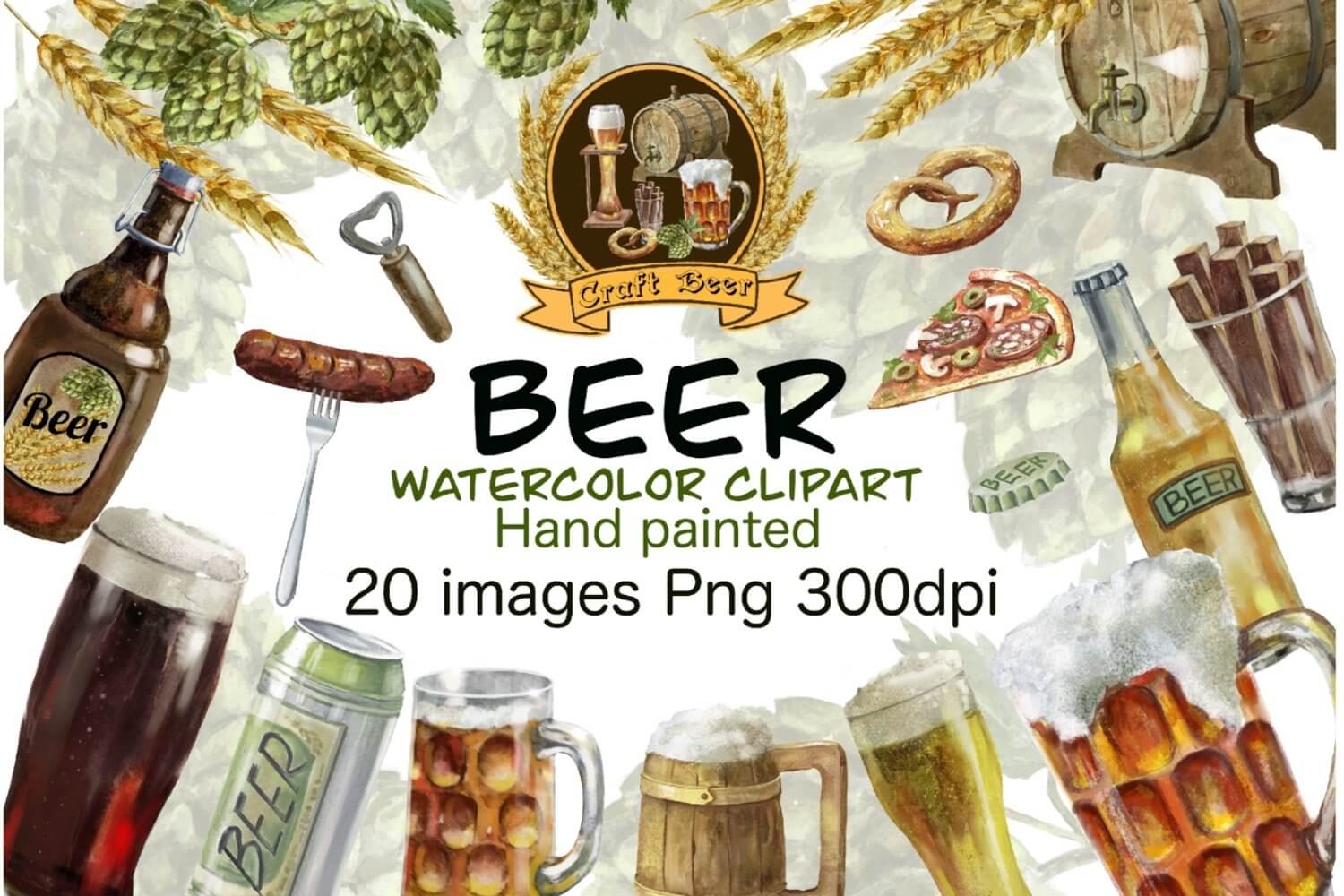 20 images of beer watercolor clipart hand painted.