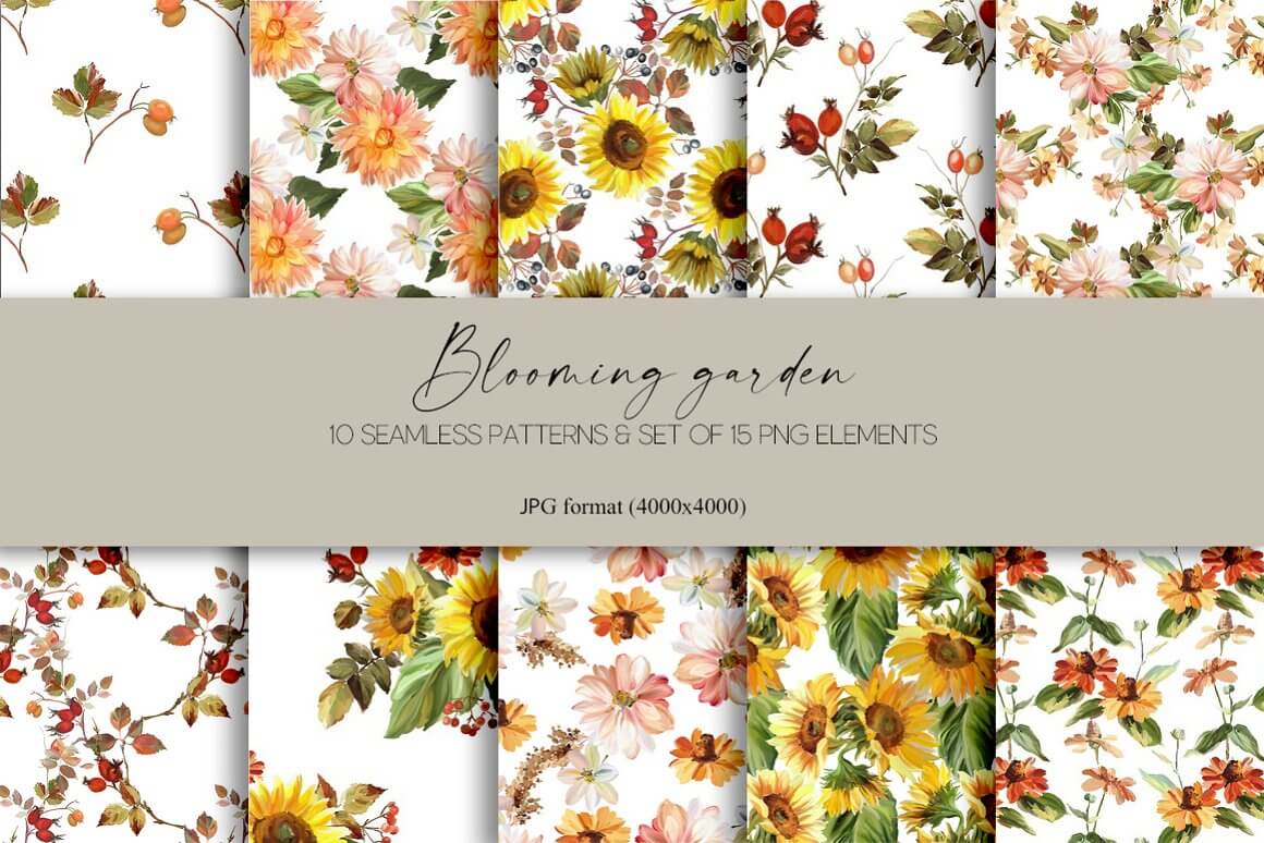 Ten seamless patterns with blooming flowers and a gray header with formats.