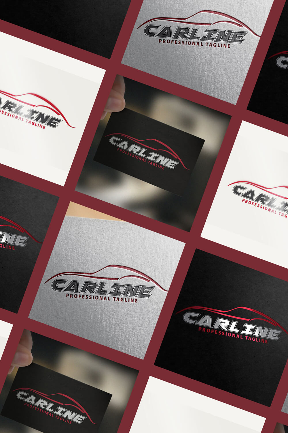 Lots of small car line logos on black, white and gray backgrounds.