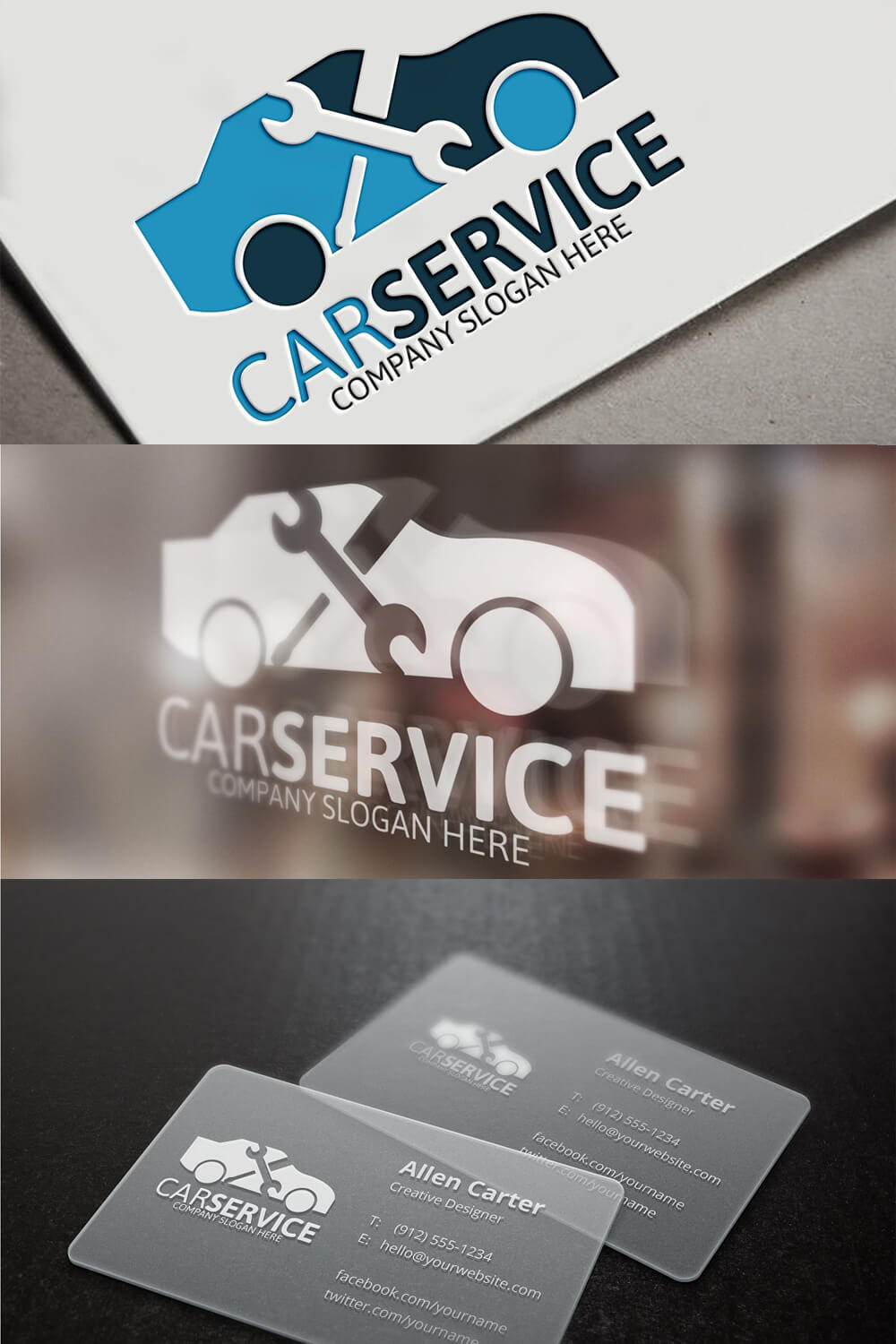 An image with three stripes with a blue and white car service logo on a white and blurred background, two transparent business cards.