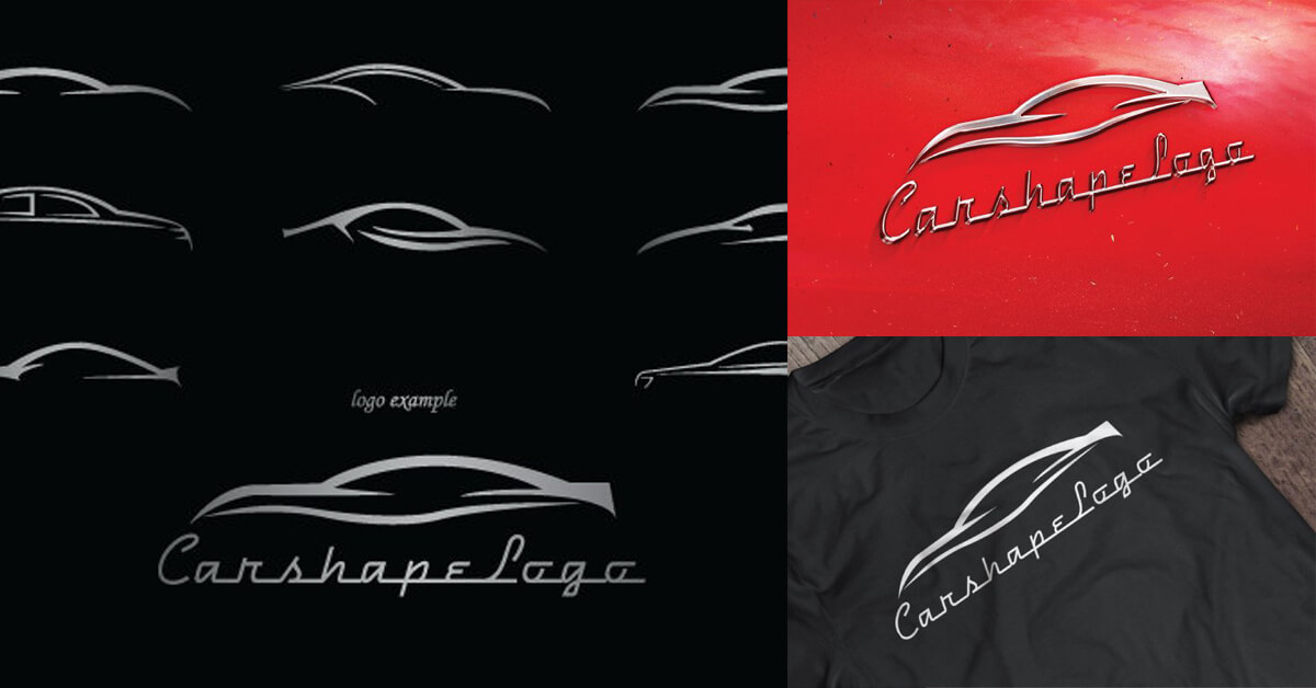 Silver silhouettes of a car on a black background, a red silhouette of a car with the name "Carshape logo" in metal and a merch t-shirt.