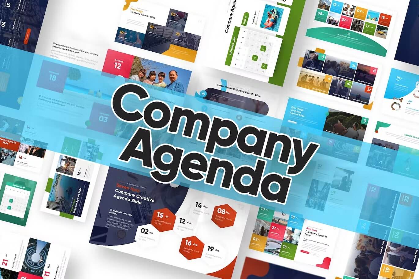 Bright slides with various pictures of the Agenda company.